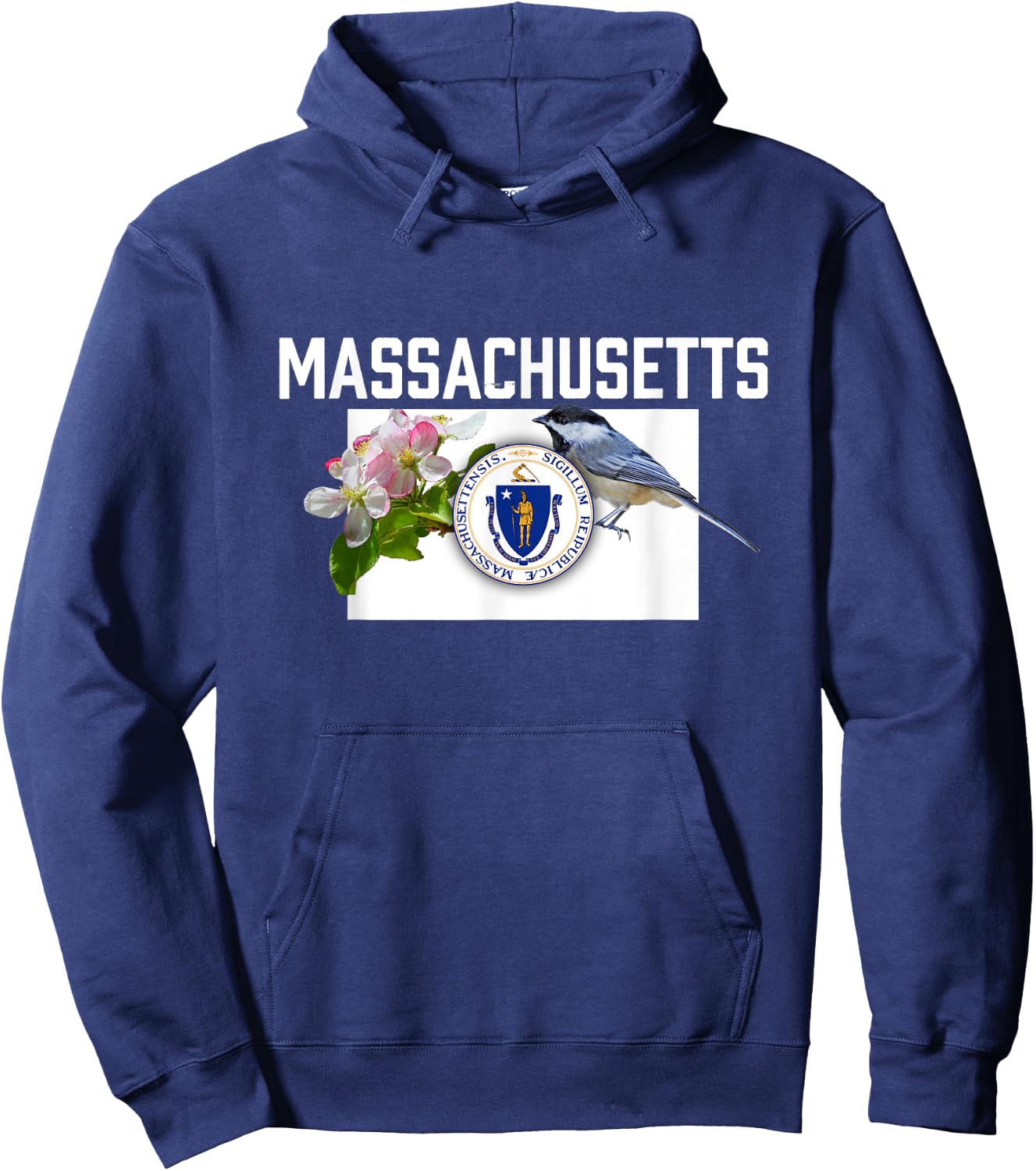 Massachusetts US State Flag With State Bird & Flower Hoodie - Hoodie | Navy
