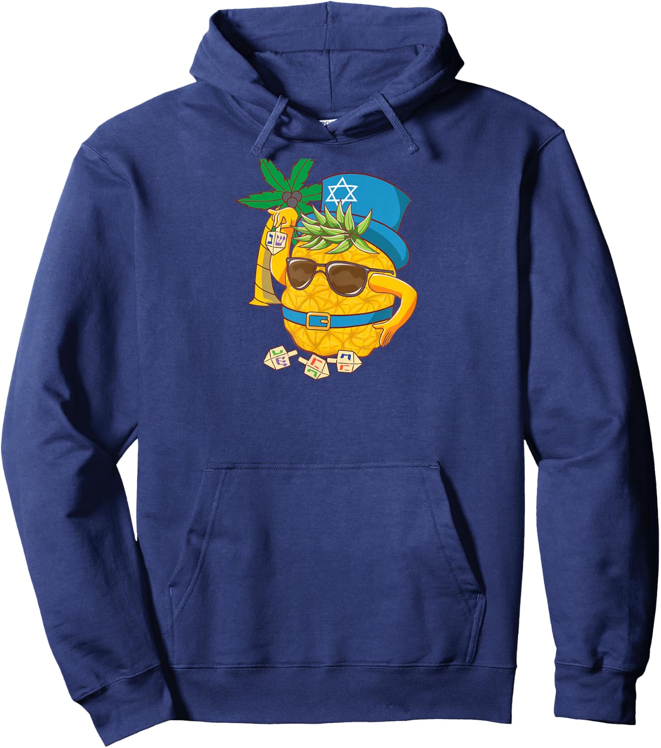 Funny Tropical Hanukkah Pineapple w Dreidel Palm Tree Hoodie - Hoodie | Navy