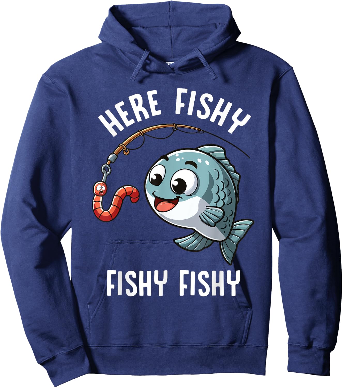 Here Fishy Fishing Funny Worm Cute Fish Fisherman Boys Girls Hoodie - Hoodie | Navy