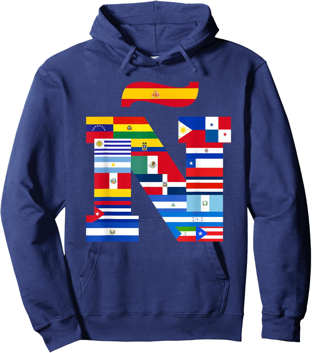 Ñ Viva la Hispanidad, Hispanic Heritage, Vibrant 'Ñ' Flag Hoodie - Hoodie | Navy