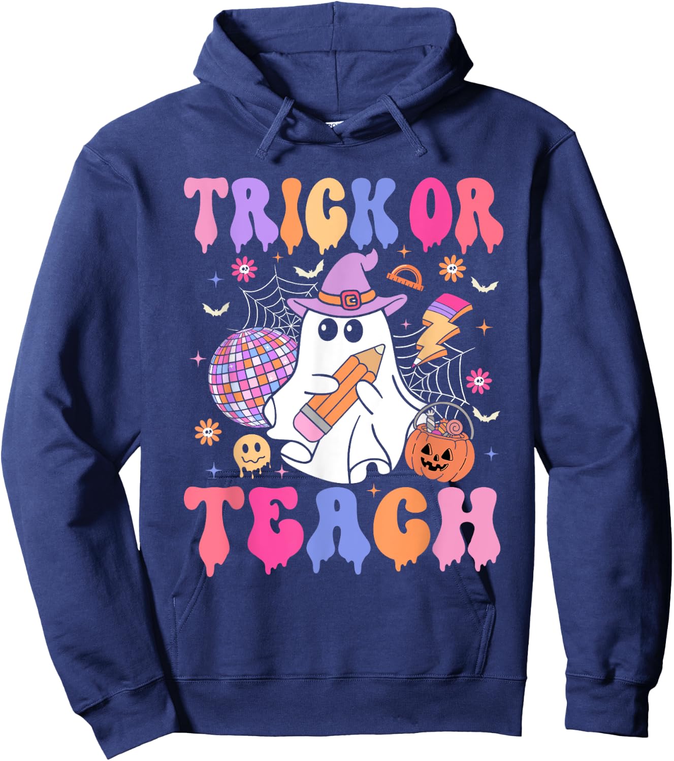 Trick Or Teach Groovy Halloween Floral Ghost Teacher Hoodie - Hoodie | Navy