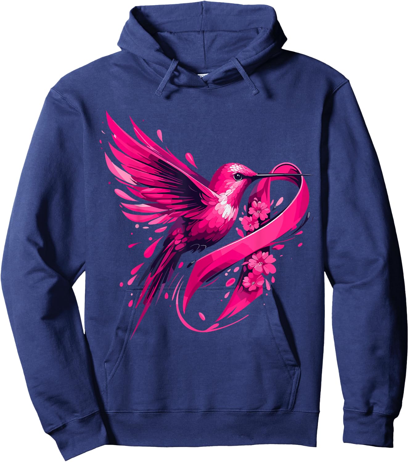 Hummingbird Flower Pink Ribbon Breast Cancer Awareness Hoodie - Hoodie | Navy