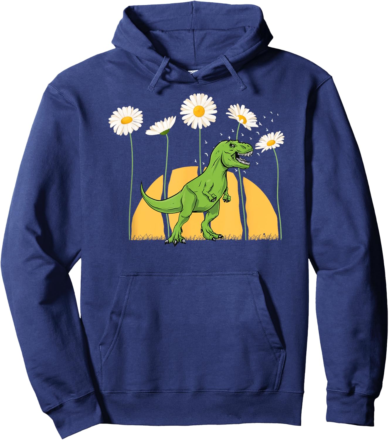 Dinosaur Spring Sunset Towering Daisy Flowers Dino T rex Hoodie - Hoodie | Navy