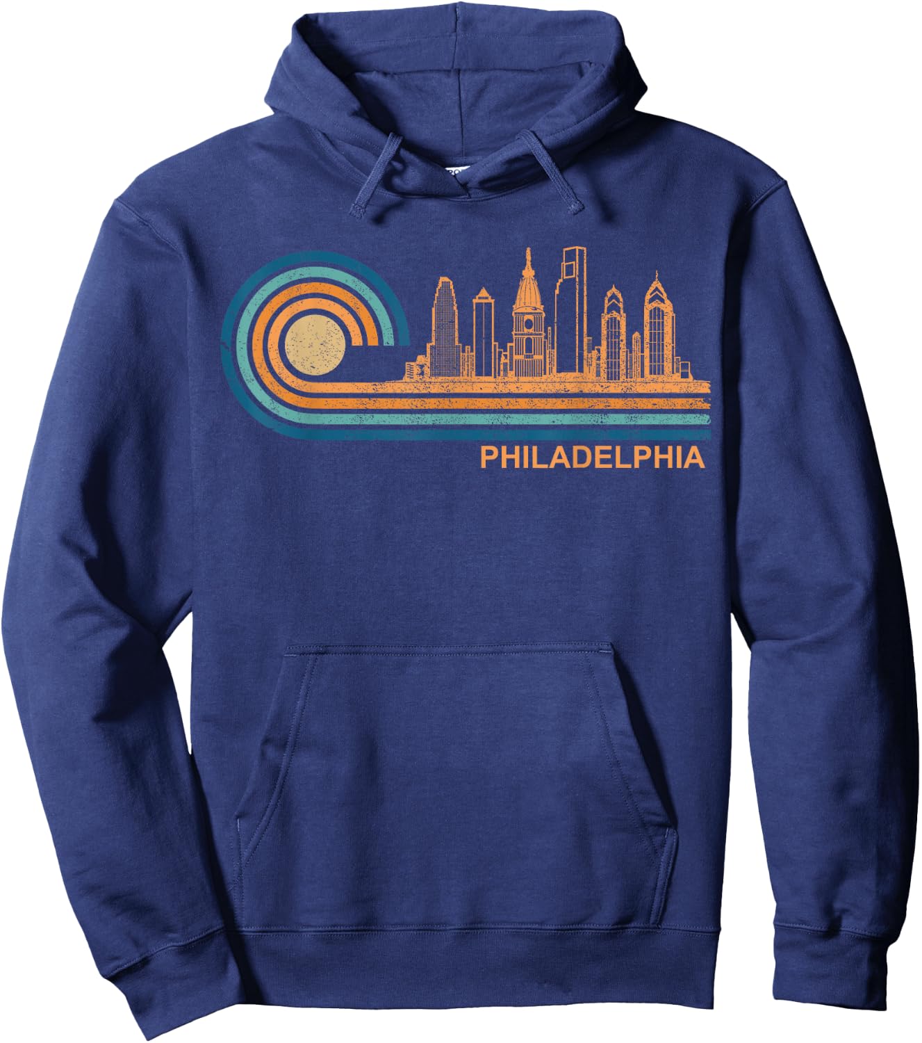 City Skyline Apparel Co. Philadelphia Skyline Retro - Black, -Adults, Small, Short Sleeve, , Classic Fit, Cotton 65%, Polyester 35% Hoodie - Hoodie | Navy