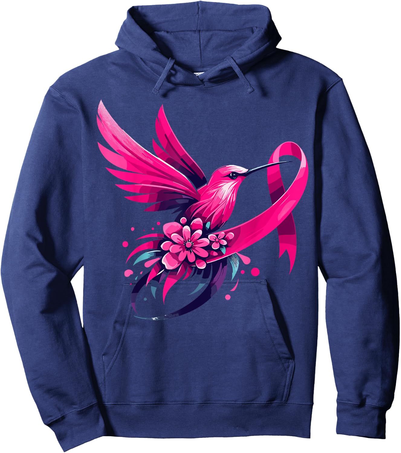 Hummingbird Flower Pink Ribbon Breast Cancer Awareness Hoodie - Hoodie | Navy