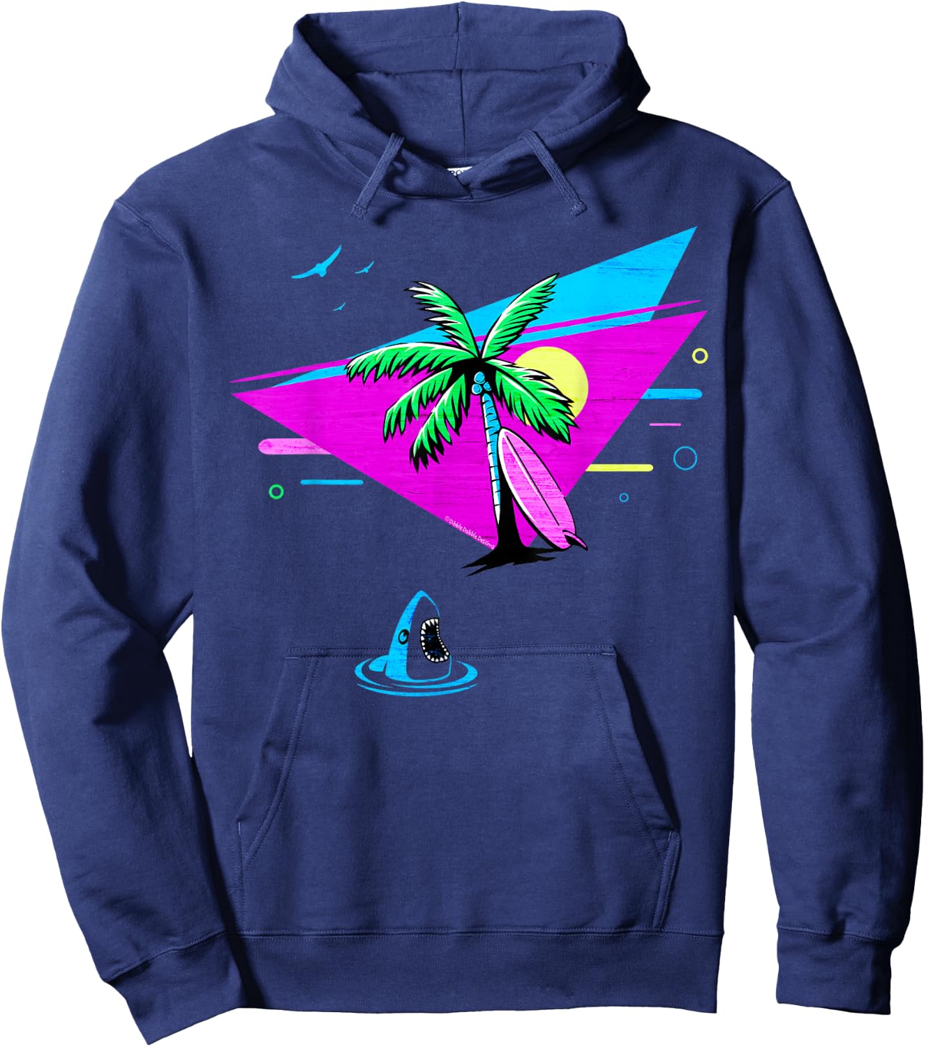 Fun Retro Tropical Vaporwave Palm Trees Shark and Surfboard Hoodie - Hoodie | Navy