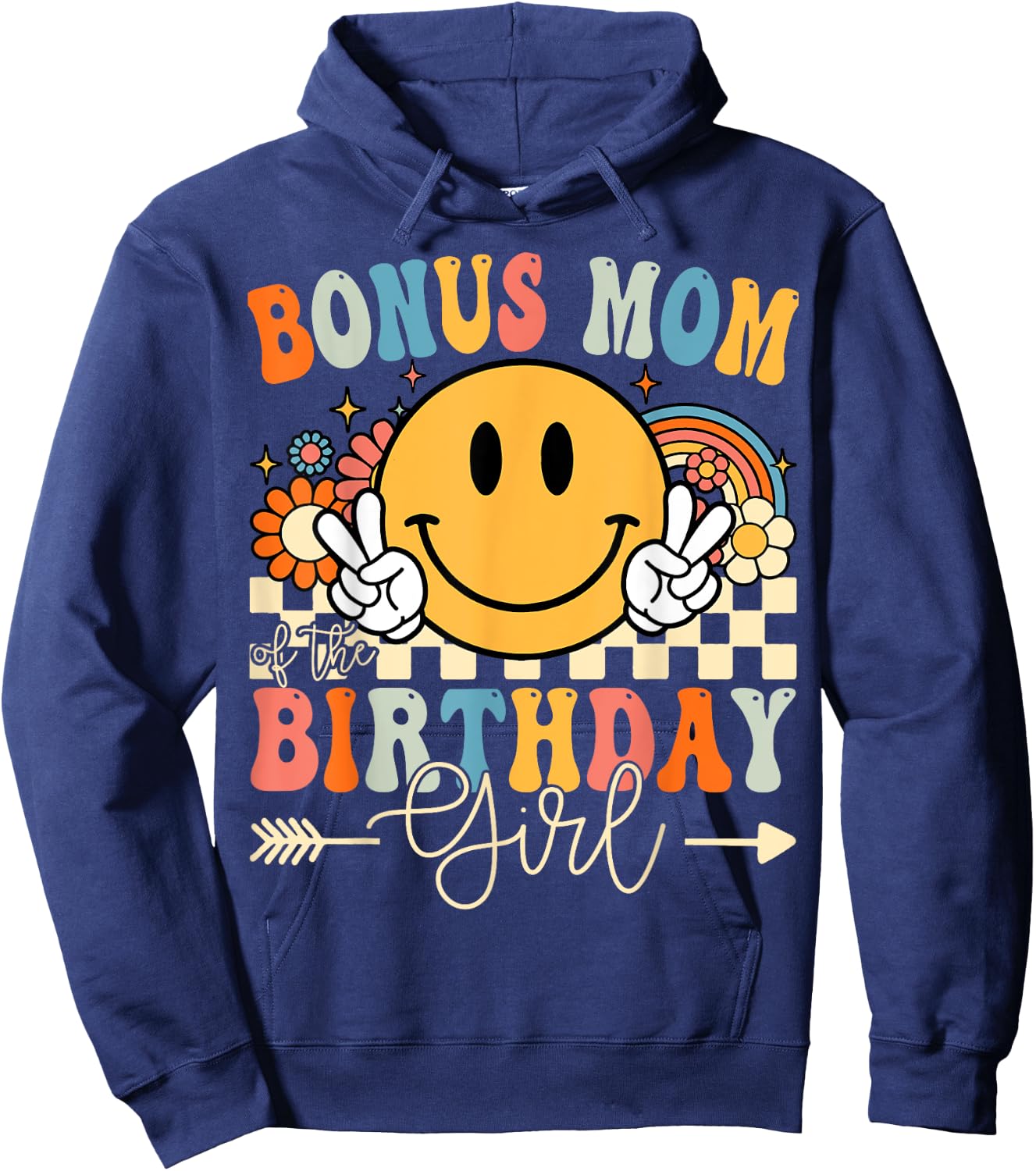 Bonus Mom Of The Birthday Girl Groovy Retro Vintage Hoodie - Hoodie | Navy