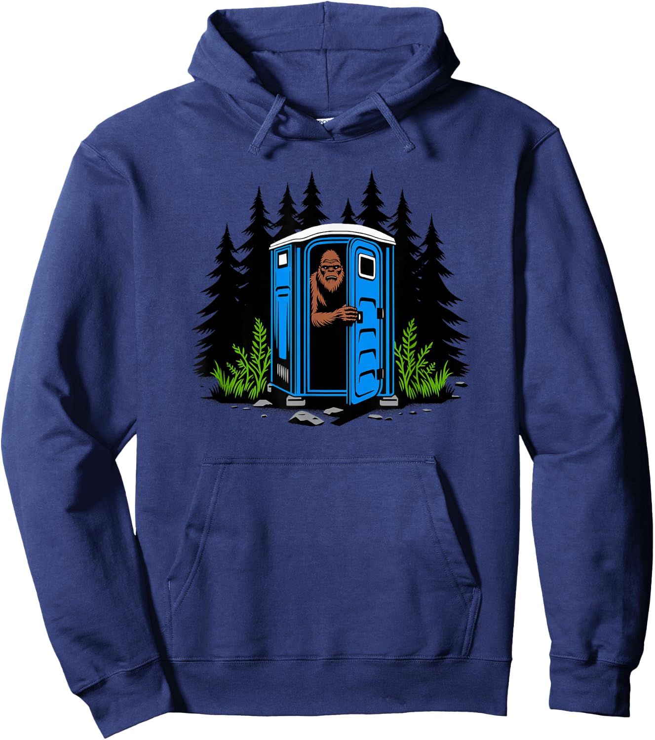 Bigfoot Peeking Out of A Porta Potty in The Woods Hoodie - Hoodie | Navy