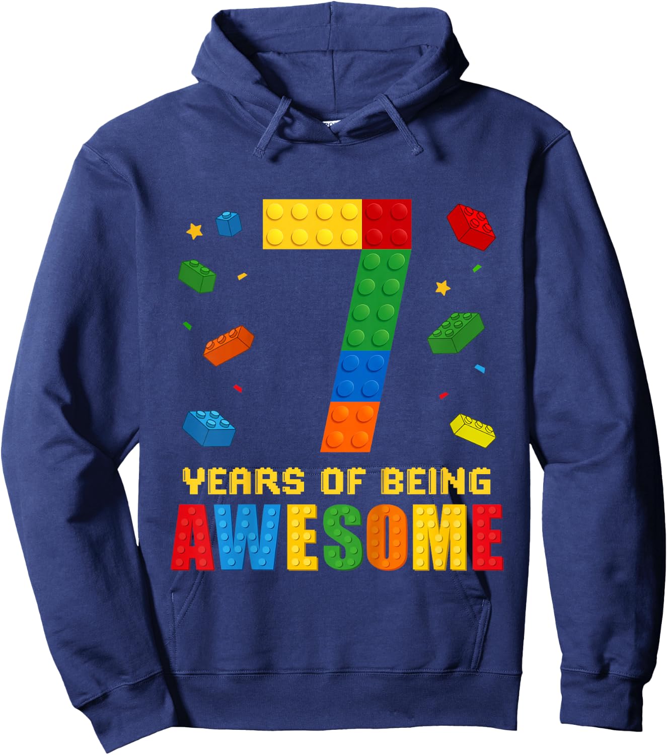 Kids 7 Year Old Birthday Boy Being Awesome Building Bricks 7th Hoodie - Hoodie | Navy