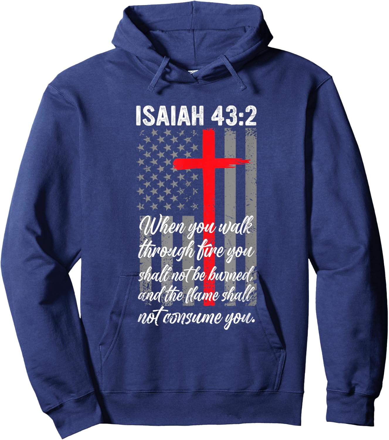 Thin Red Line Firefighter Cross Bible Verse American Flag Hoodie - Hoodie | Navy