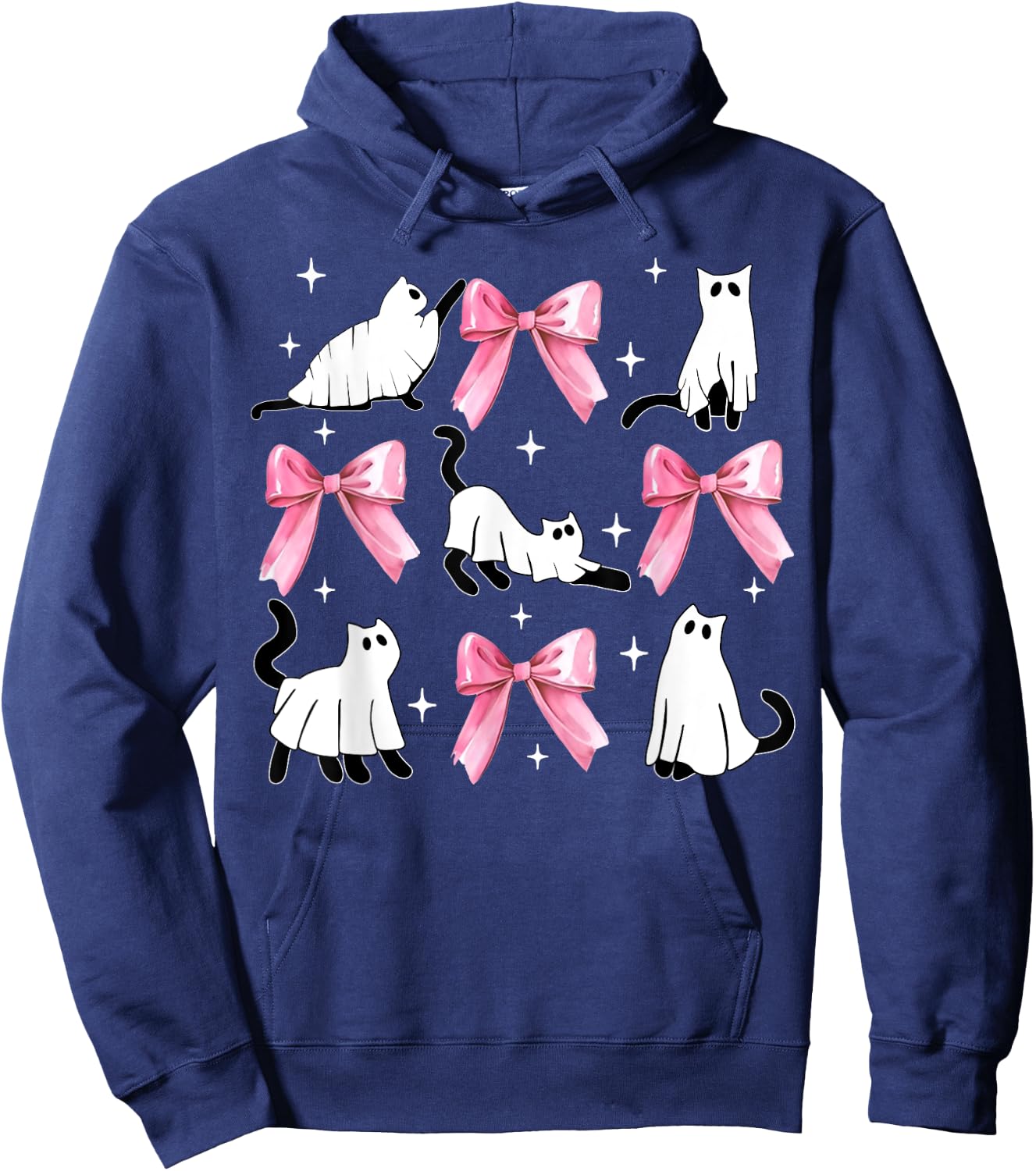Ghost Cat Boo Costume Cute Pink Bow Coquette Kitty Halloween Women Kids Hoodie - Hoodie | Navy