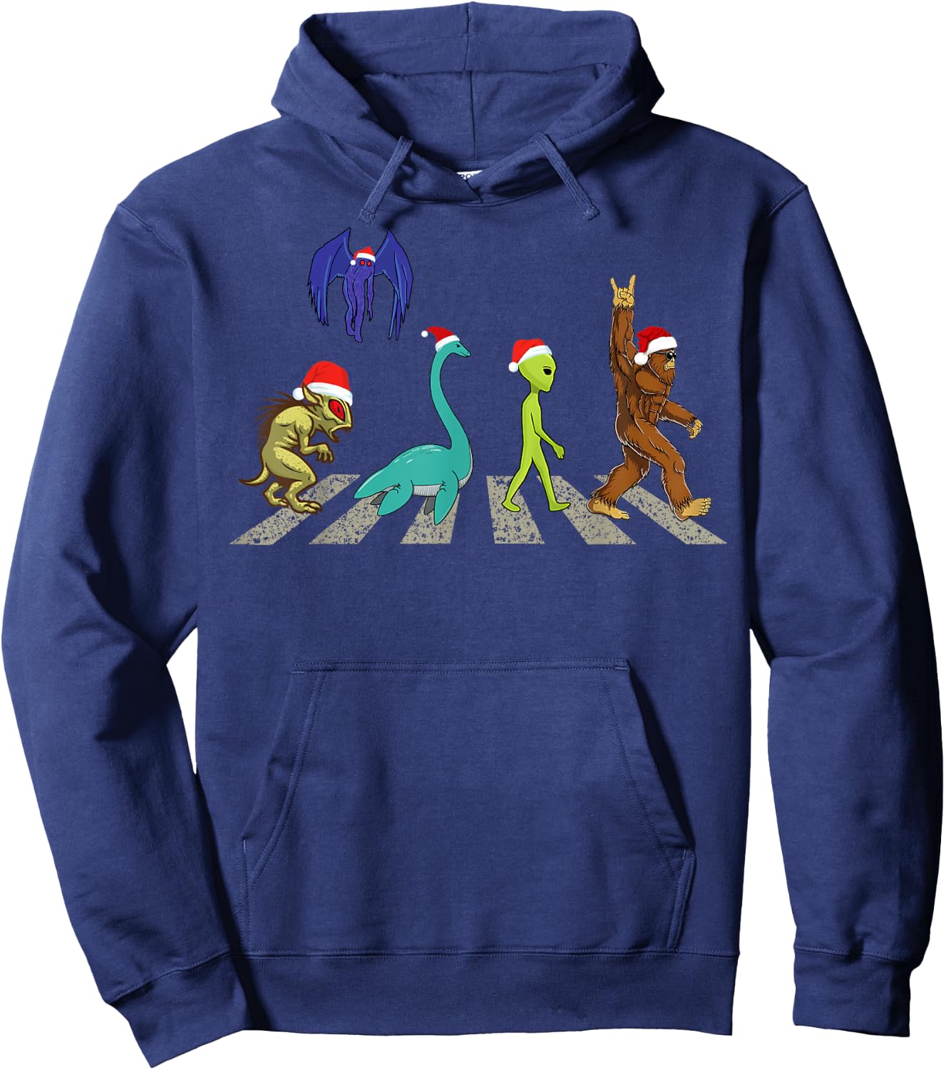 Christmas Cryptid Squad Bigfoot Mothman Alien Nessie Hoodie - Hoodie | Navy