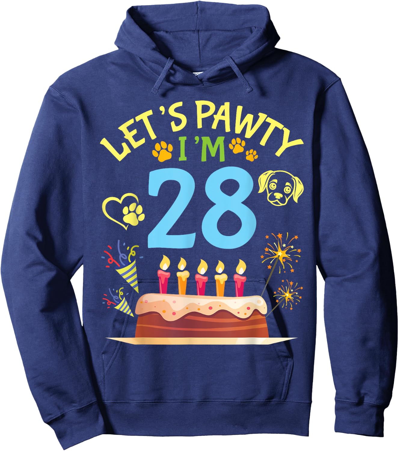 Big Cake Fireworks Dog Face Paw Let's Pawty I'm 28 Years Old Hoodie - Hoodie | Navy