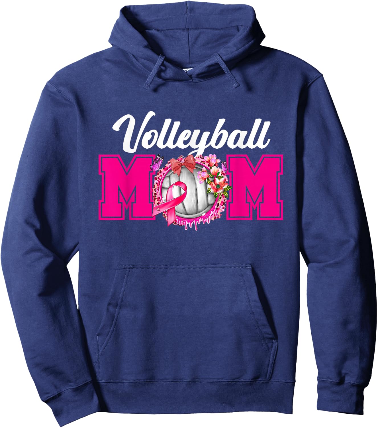 Volleyball Mom Pink Ribbon Breast Cancer Fighter Sport Fan Hoodie - Hoodie | Navy