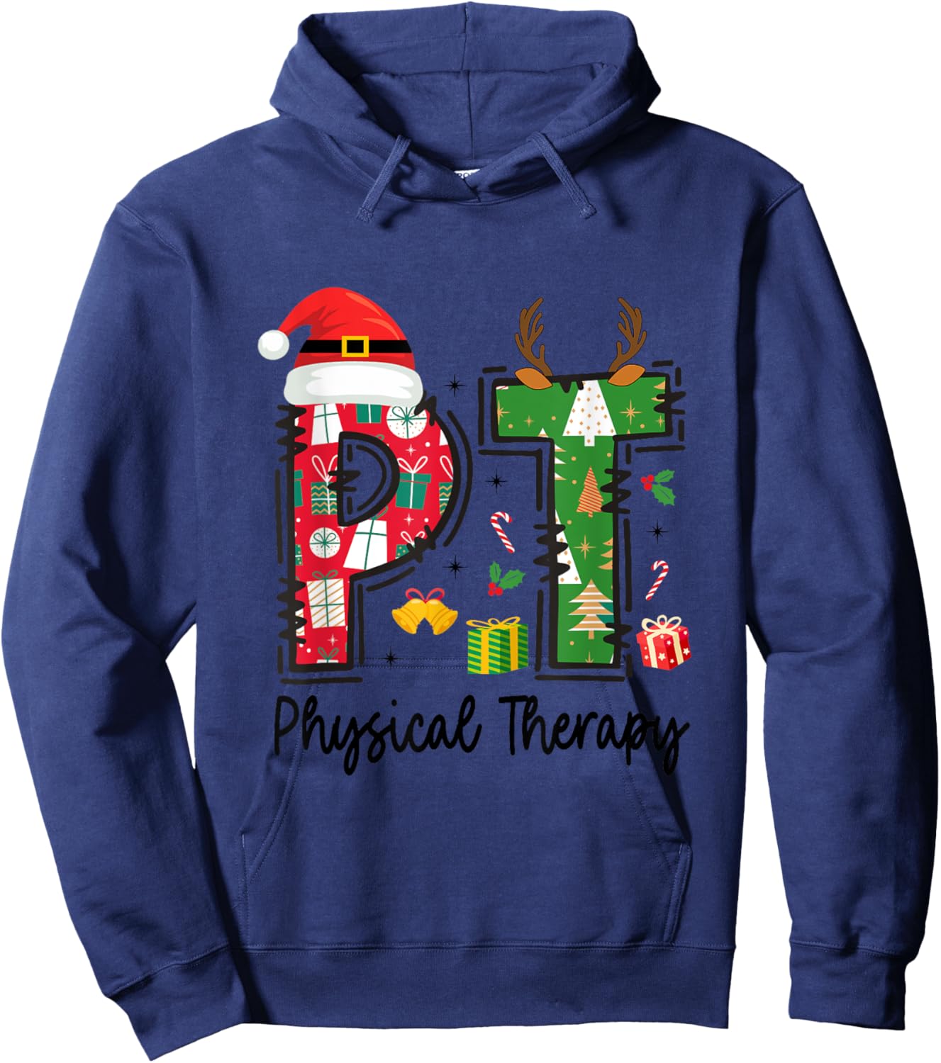 Christmas Physical Therapy Ls -Adults Grey Small Classic Fit Short Sleeve Graphic Cartoon Holiday Physical Therapy Therapist Xmas Hoodie - Hoodie | Navy
