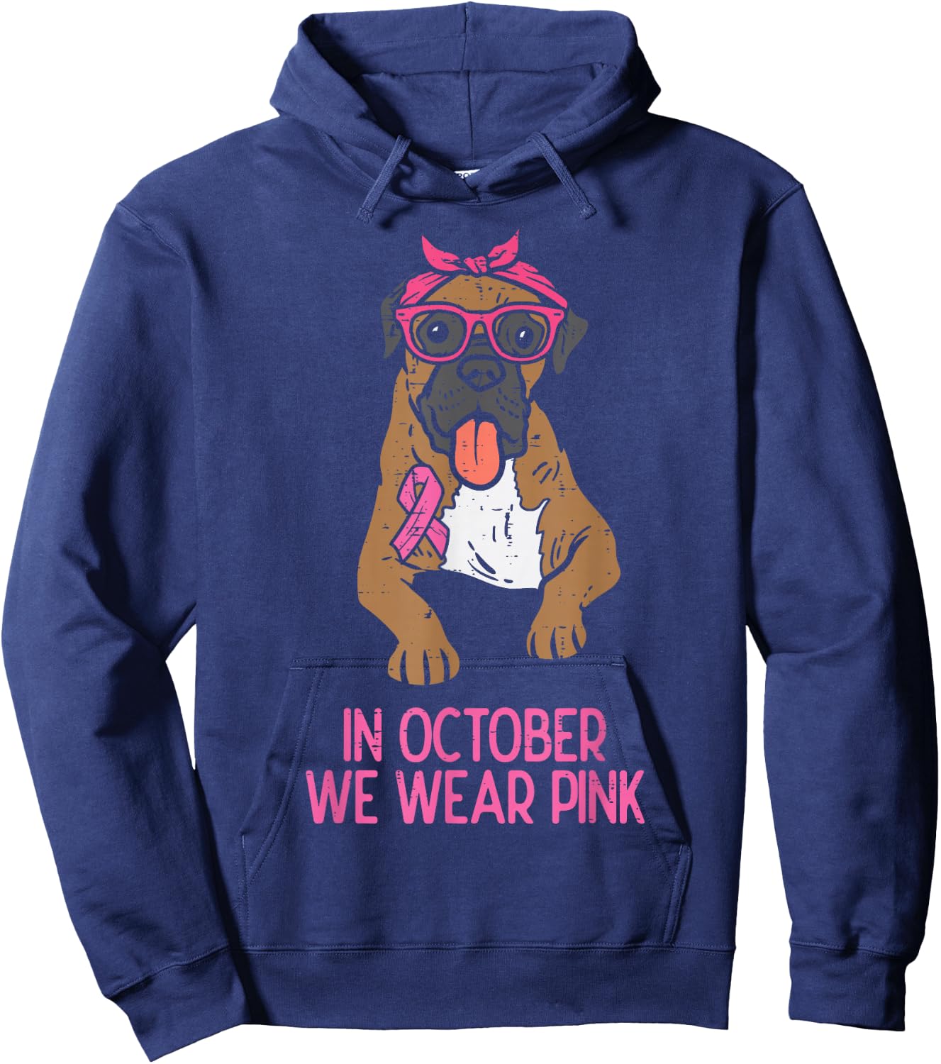In October We Wear Pink Boxer Dog Breast Cancer Awareness Hoodie - Hoodie | Navy