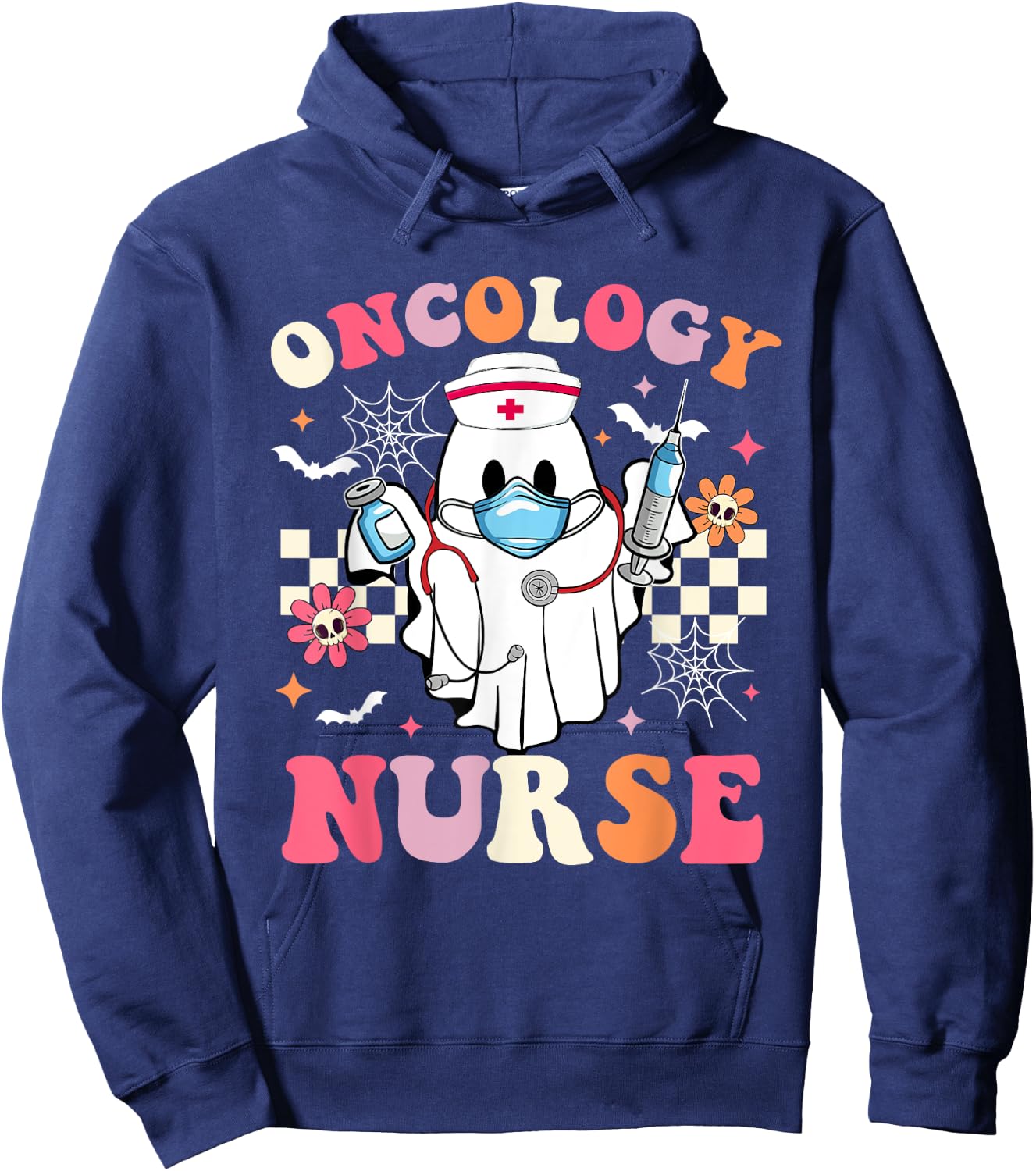 Spooky Oncology Nurse Ghost Halloween Cute Groovy Nursing Hoodie - Hoodie | Navy