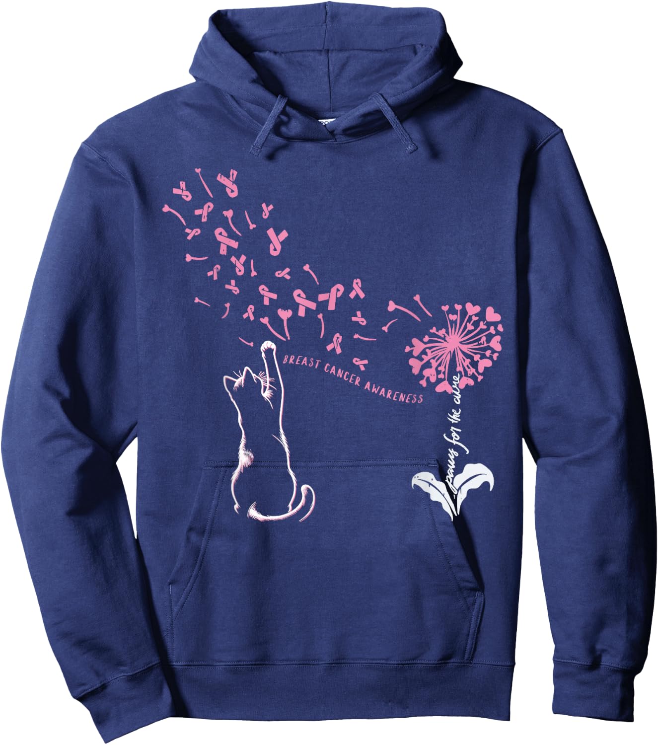 Cat Paw For Cure Support Breast Cancer Awareness Dandelion Hoodie - Hoodie | Navy