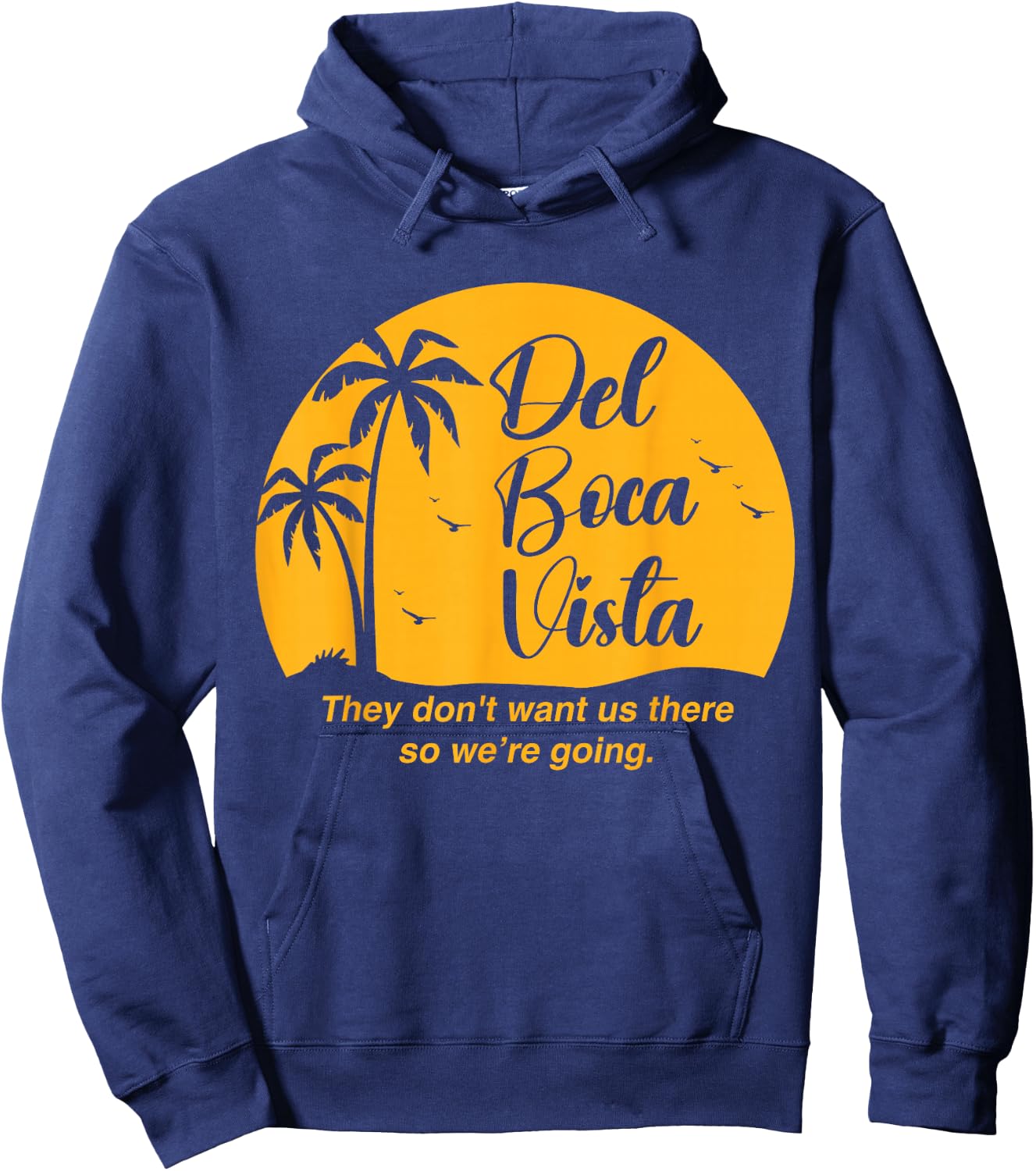 Del Boca Vista Apparel -Adults Funny Retirement Community Vacation - Black - Small - Short Sleeve Hoodie - Hoodie | Navy