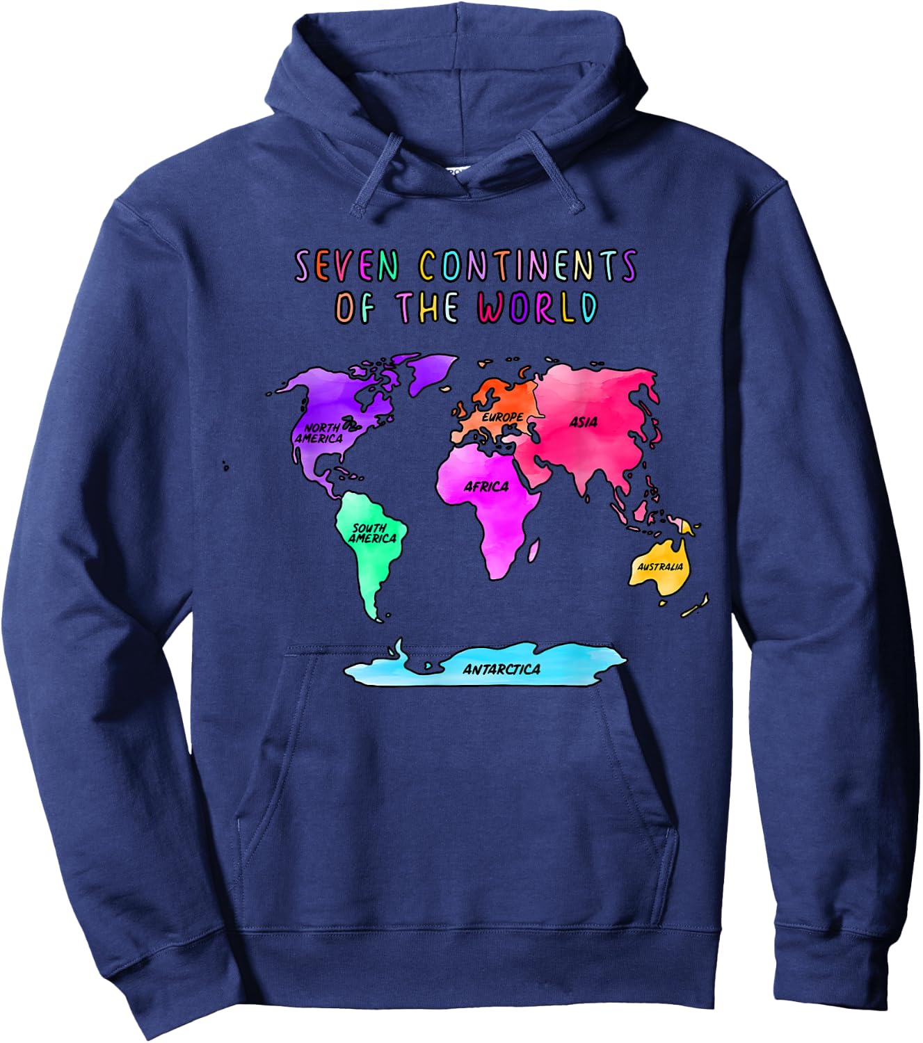 Simplified, watercolor world map, names of the continents Hoodie - Hoodie | Navy