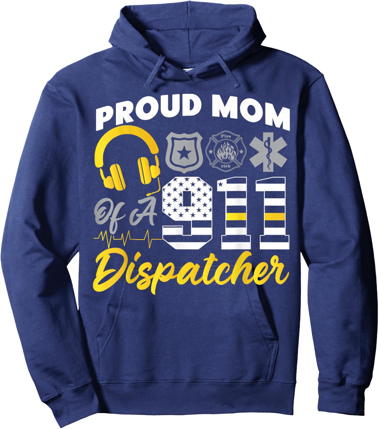 911 Dispatcher Thin Gold Yellow Line Mom American Flag Proud Hoodie - Hoodie | Navy