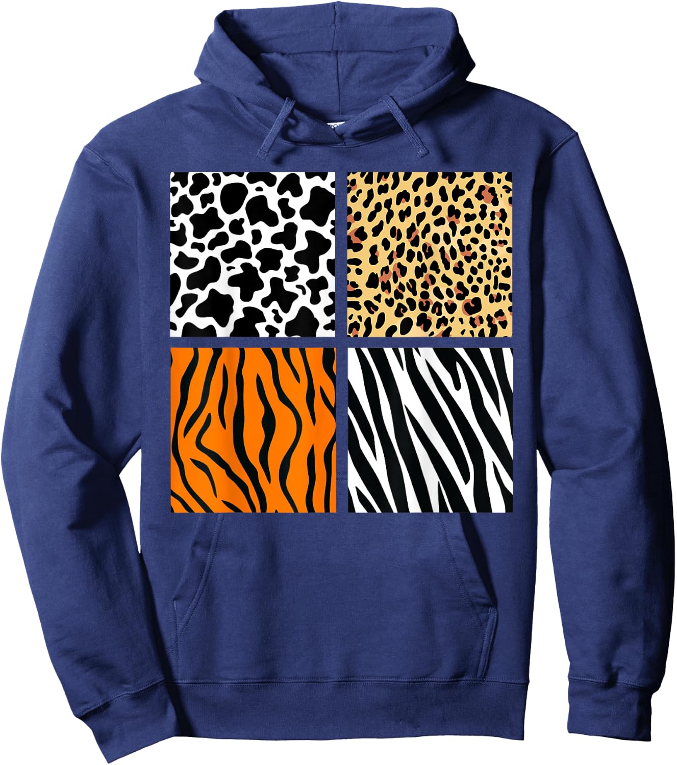 Four Animal Pattern Cow Tiger Leopard Zebra Animal Print Hoodie - Hoodie | Navy