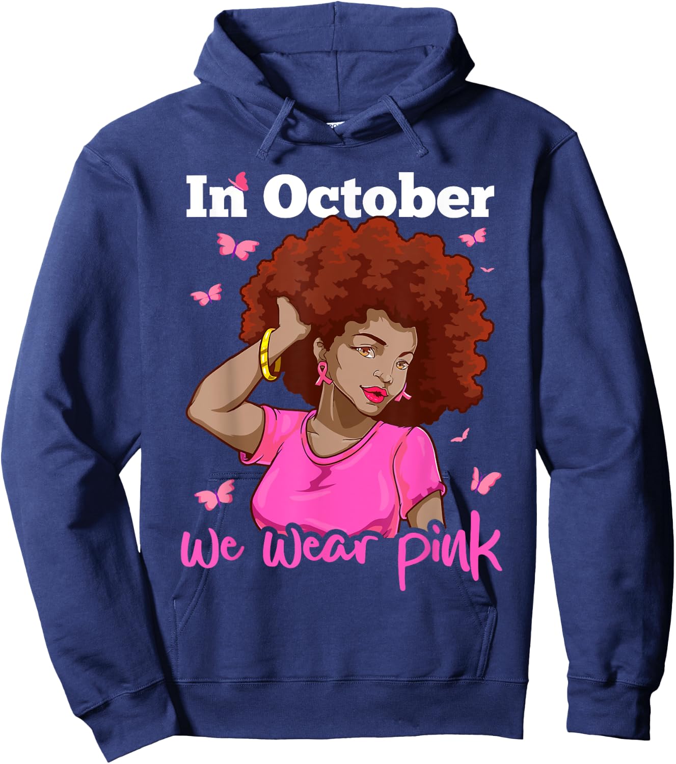 In October We Wear Pink Black Woman Breast Cancer Awareness Hoodie - Hoodie | Navy