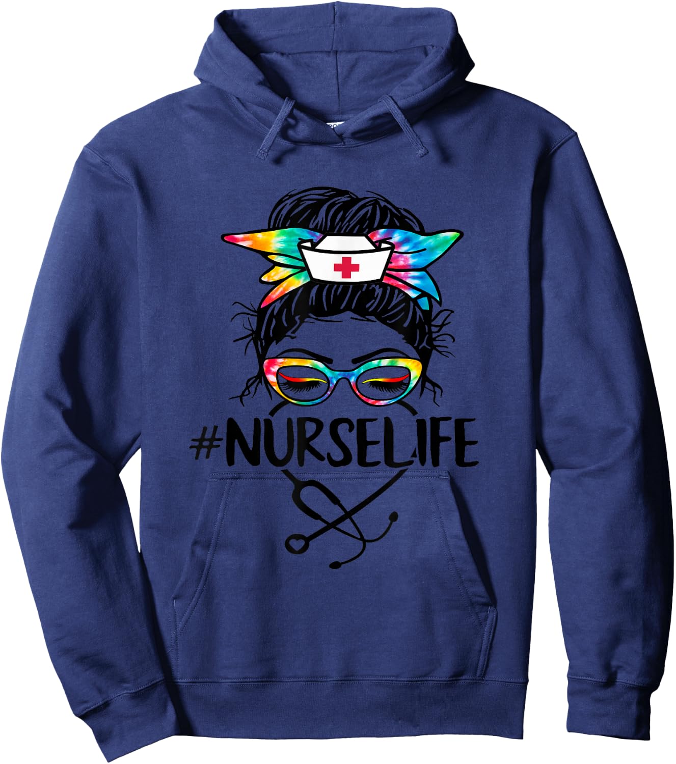 Nurse Life Messy Bun Tie Dye Stethoscope Nurses Nursing RN Hoodie - Hoodie | Navy