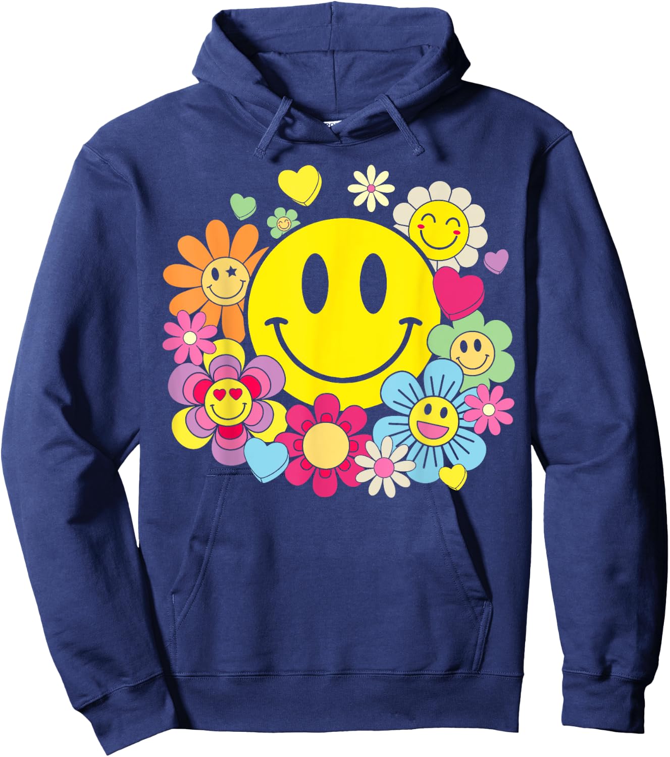 Retro Smile Face Flower Happy Face Flowers Heart Kids Girls Hoodie - Hoodie | Navy
