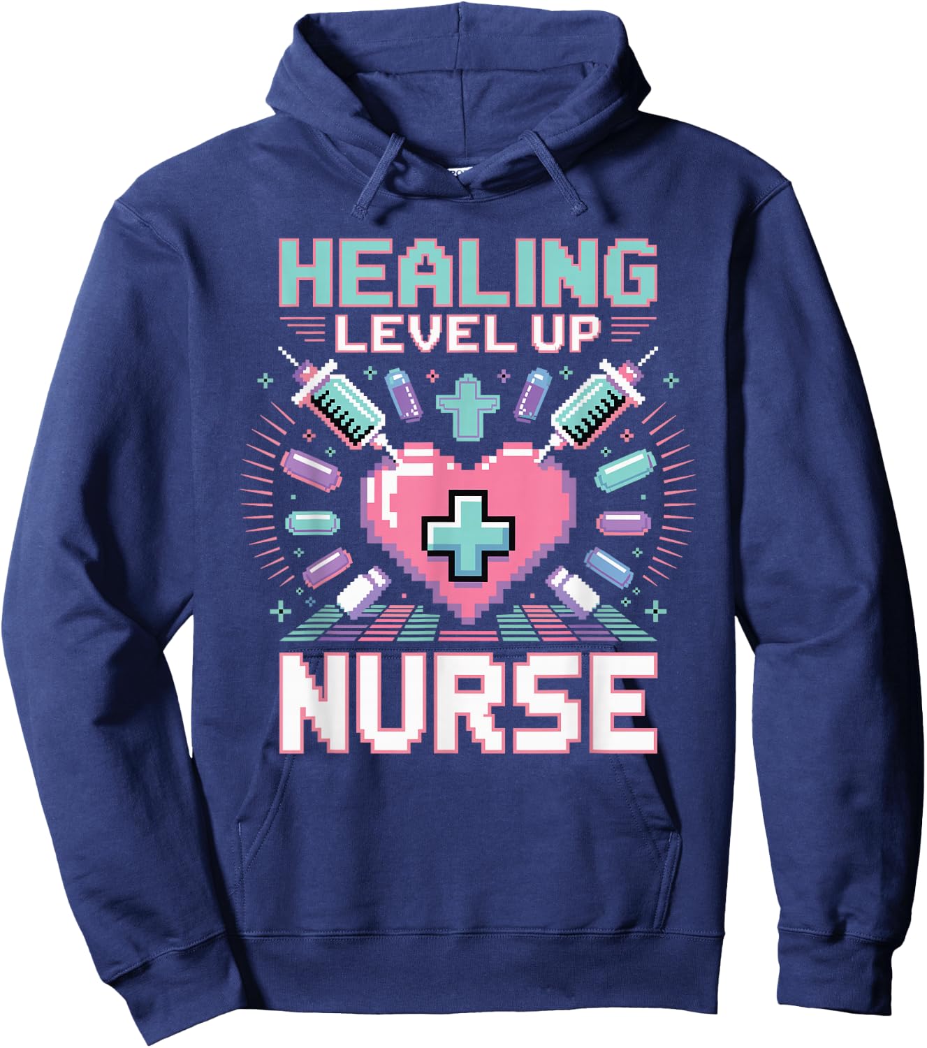 Gaming Nurse Level Up Healing RN Pixel Art Funny Nursing Hoodie - Hoodie | Navy