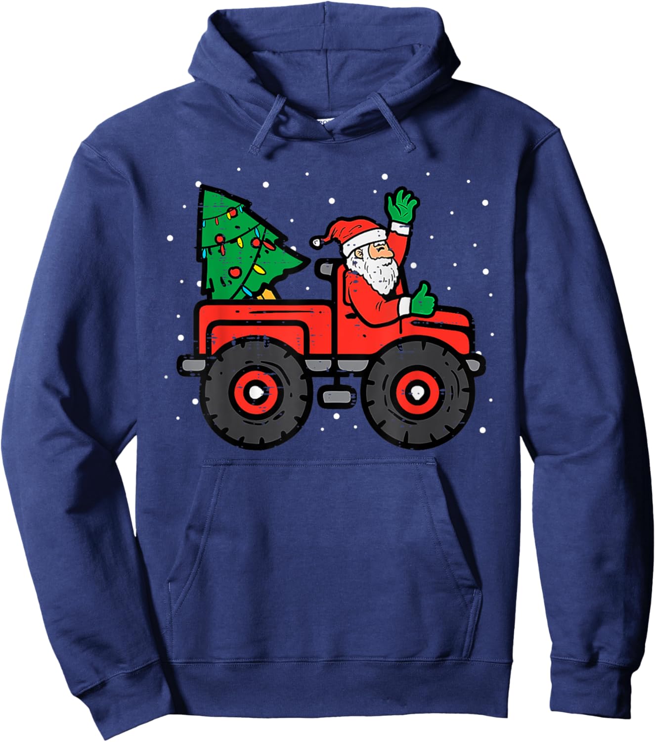 Santa Riding Monster Truck Christmas Tree Lights Kid Toddler Hoodie - Hoodie | Navy