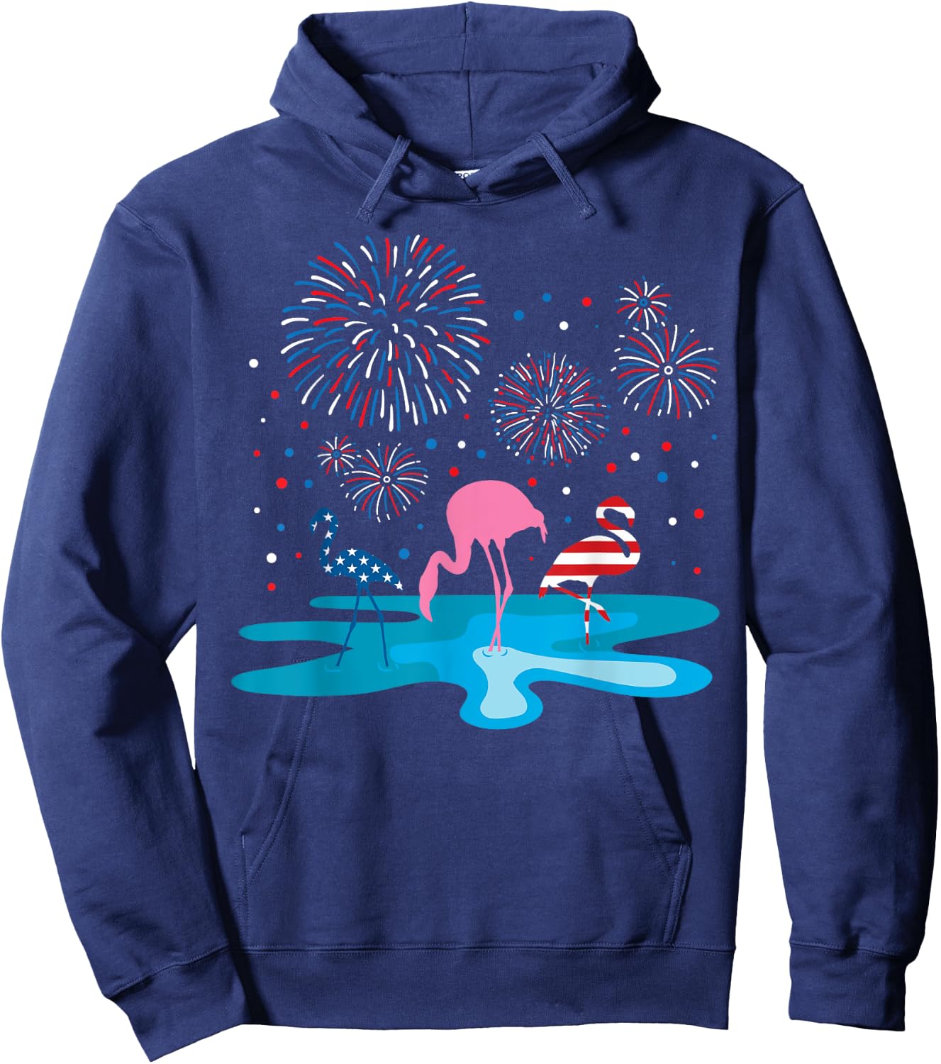 Flamingo 4th of July Fireworks Patriotic American USA Flag Hoodie - Hoodie | Navy
