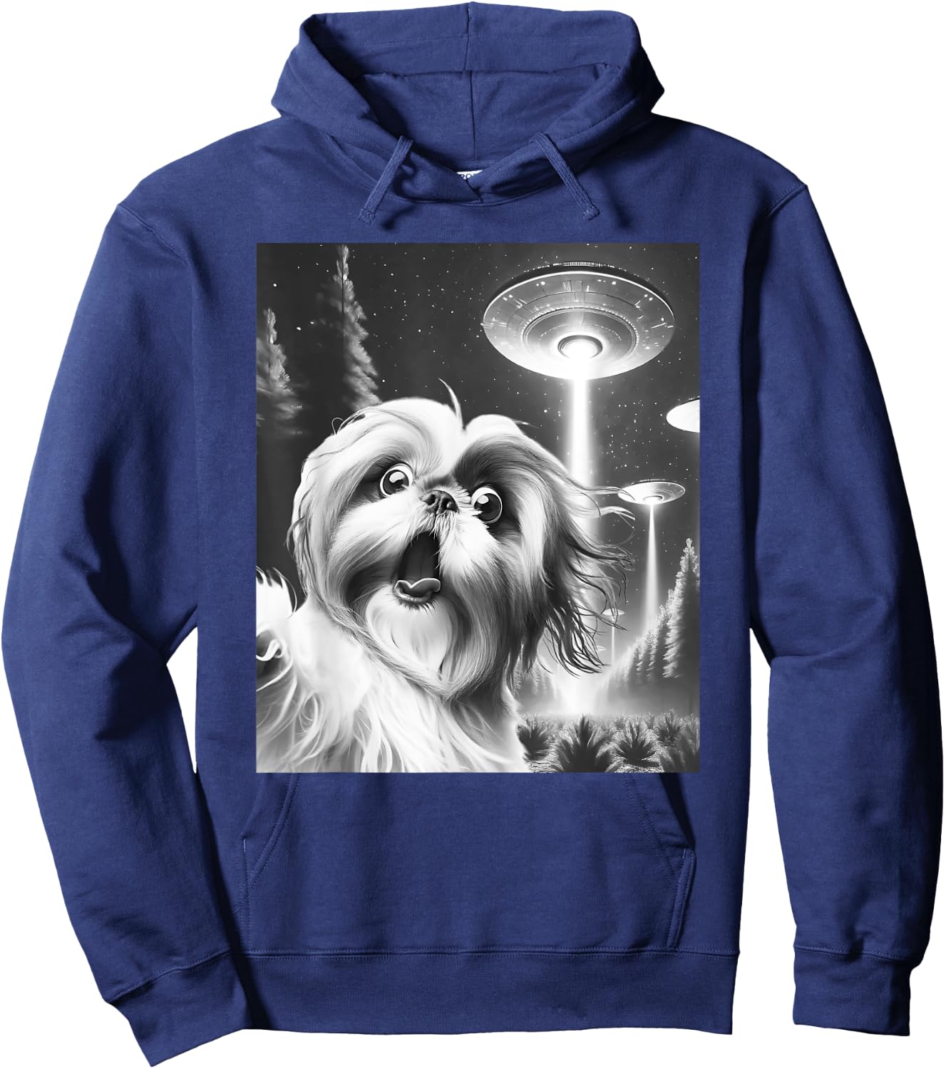 Funny Shih Tzu Alien UFO Taking a Selfie Dog Mom Dad Men Women Girls Kids Hoodie - Hoodie | Navy