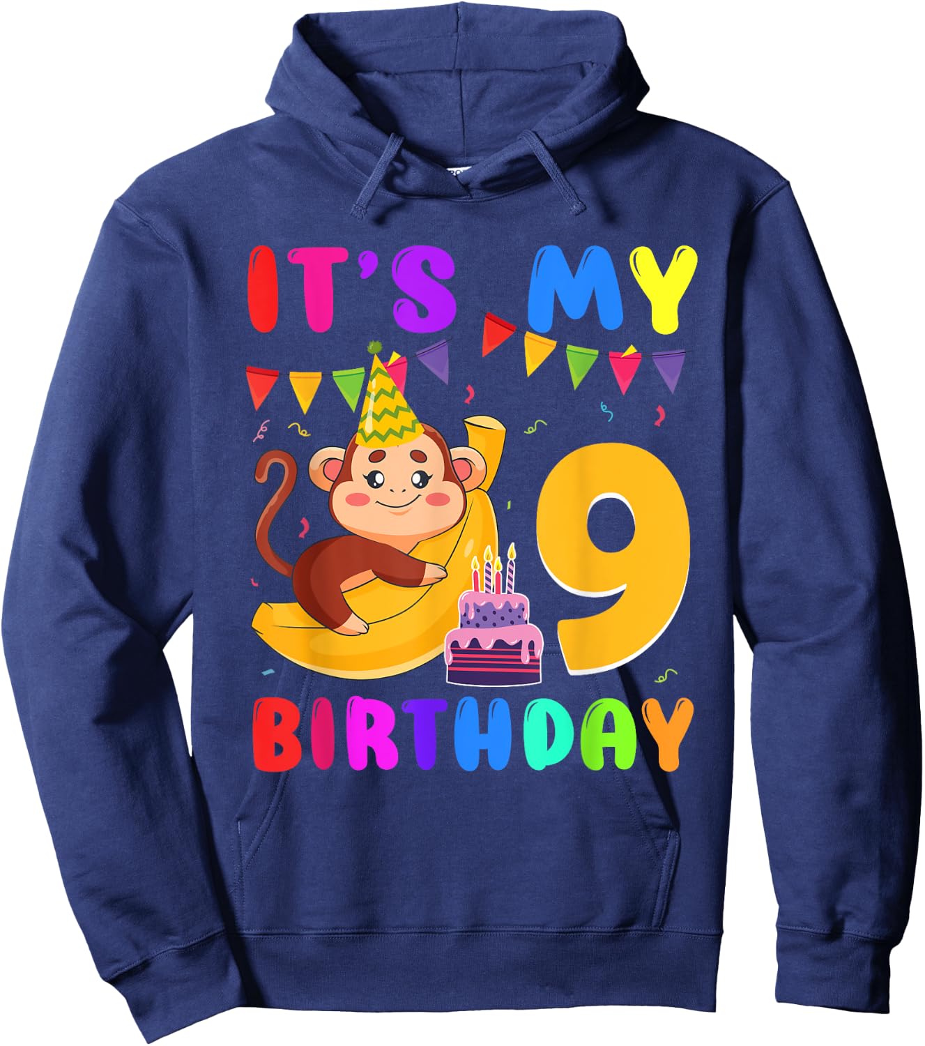 It's My 9th Birthday Monkey 9 Year Old Party Boys Girls Kids Hoodie - Hoodie | Navy