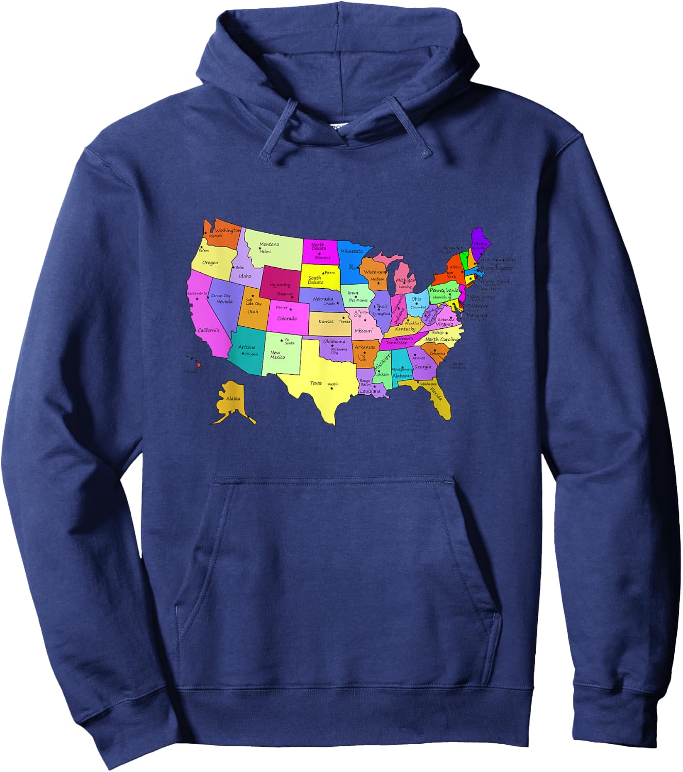 States & Capitals Colorful USA Map School Geography Hoodie - Hoodie | Navy