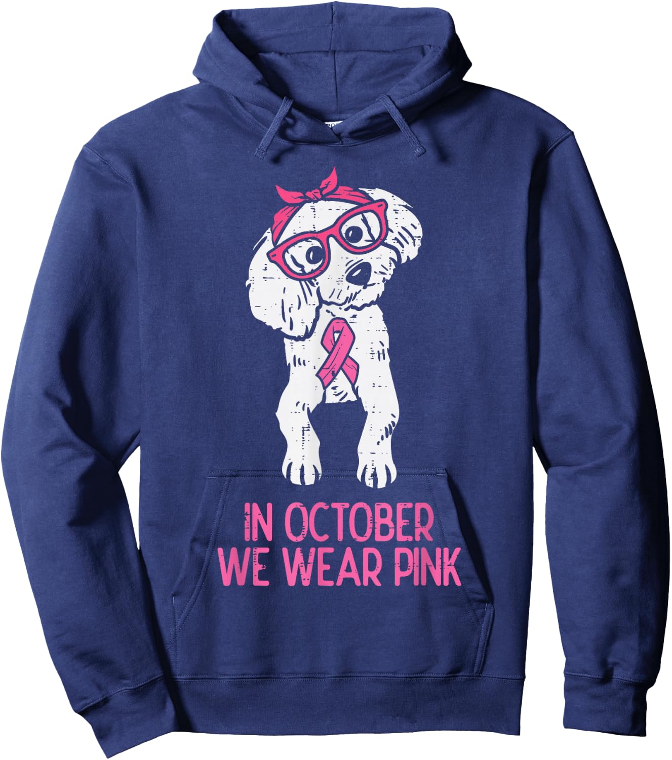 In October We Wear Pink Poodle Dog Breast Cancer Awareness Hoodie - Hoodie | Navy