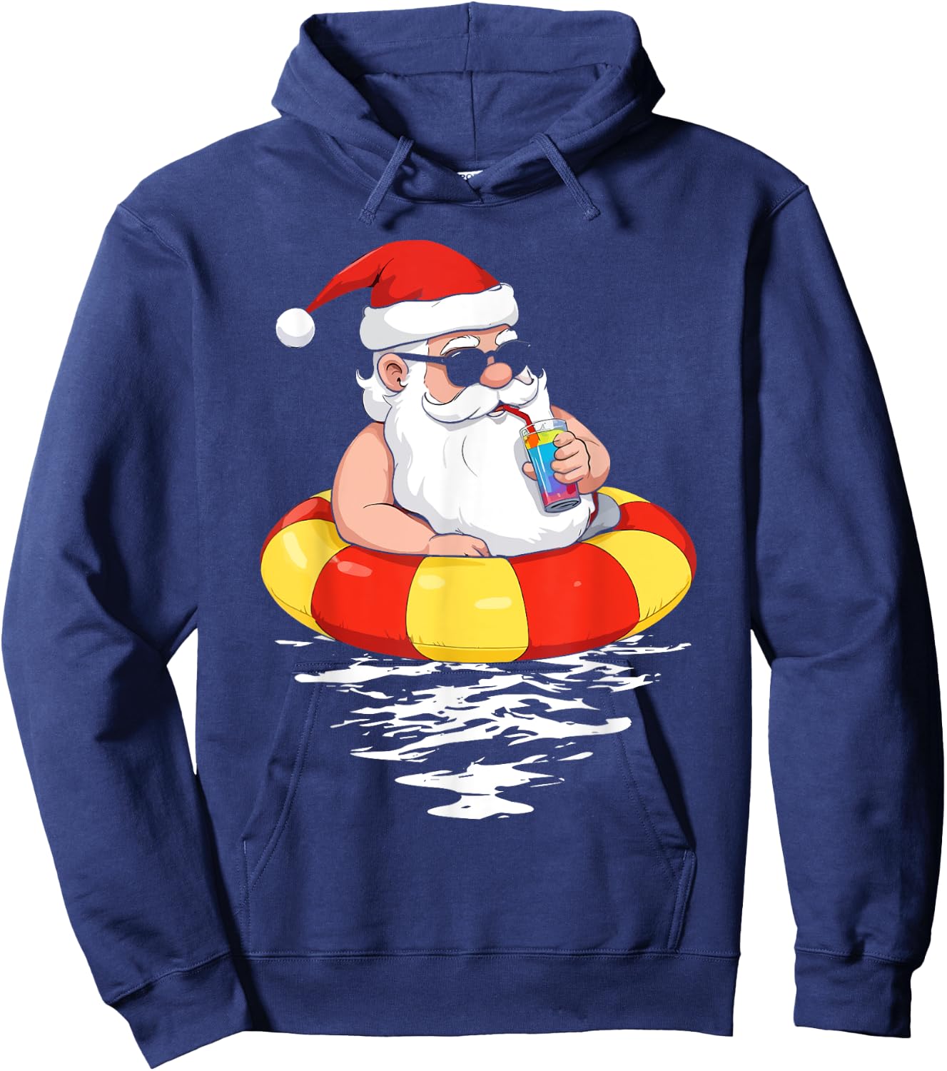 Summer Christmas in July Tropical Santa On Pool Summer Santa Hoodie - Hoodie | Navy