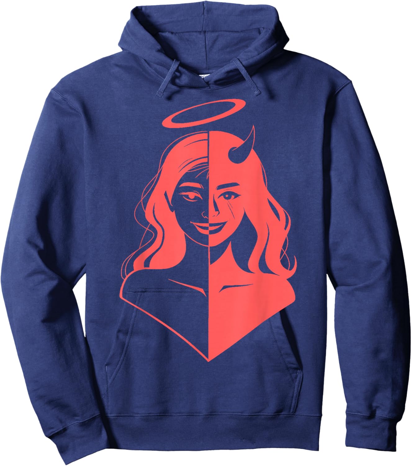 Girl Half Devil Face Half Angel Face Light Red Hoodie - Hoodie | Navy