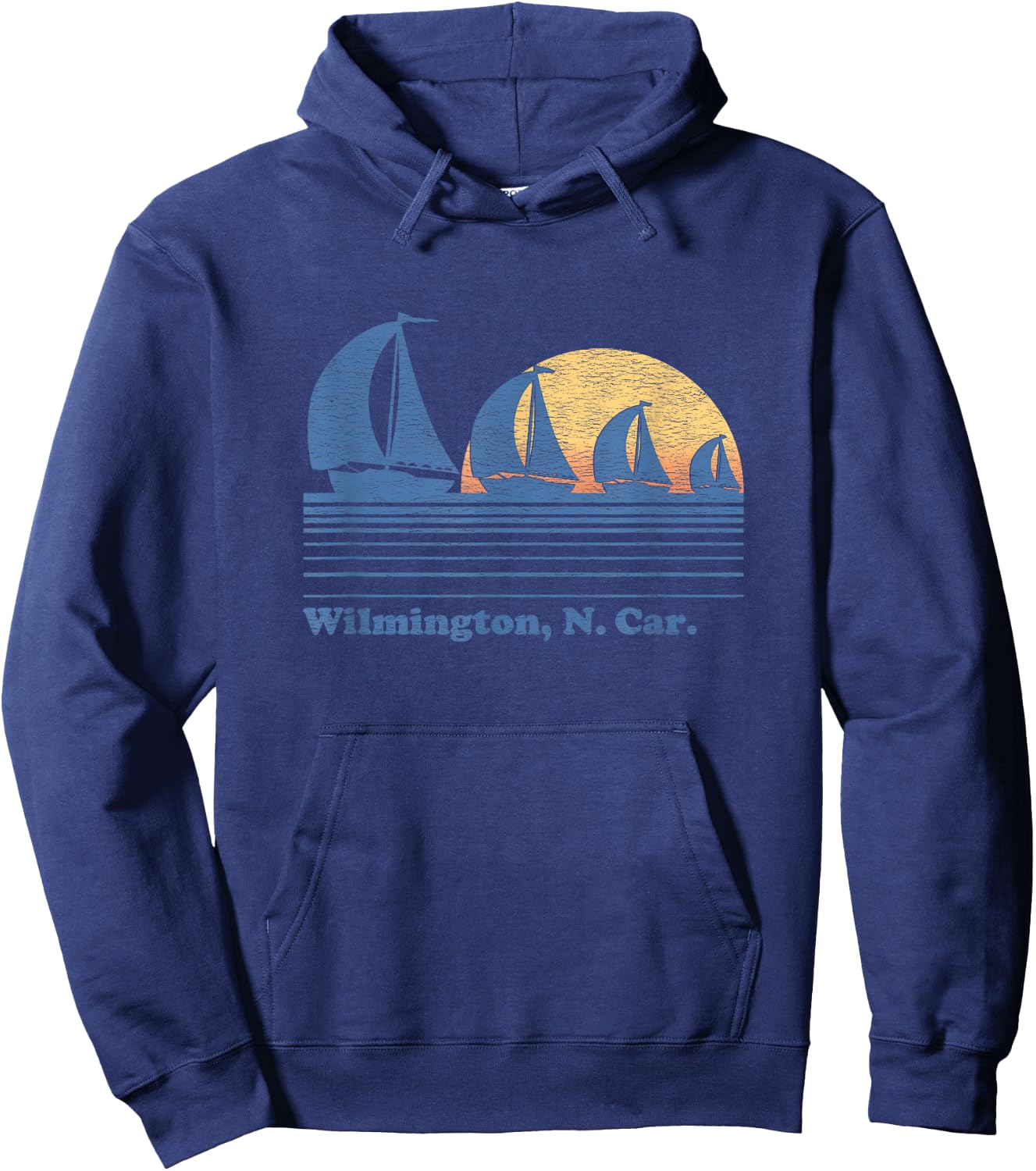 Wilmington NC Sailboat Vintage 80s Sunset Hoodie - Hoodie | Navy