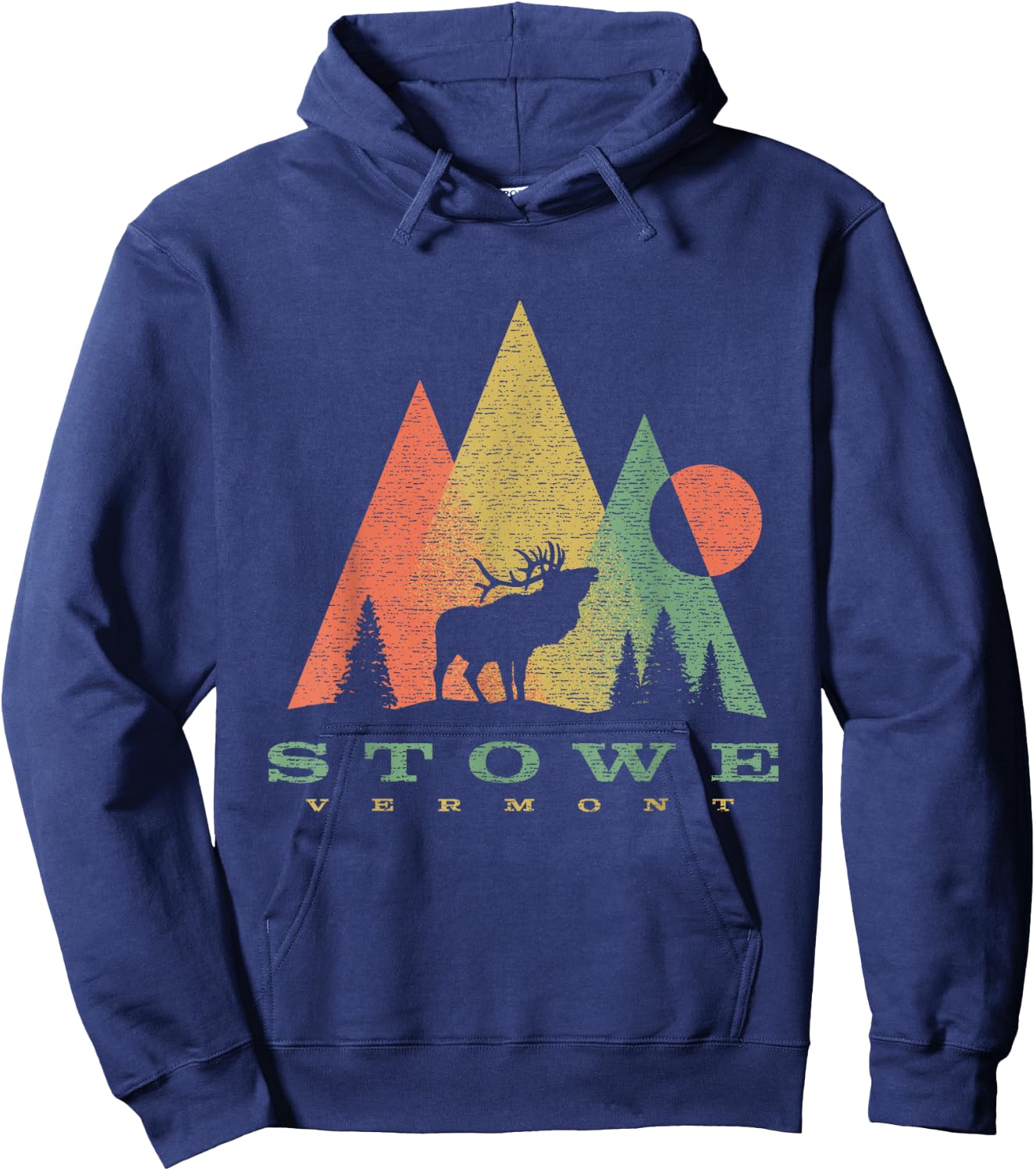 Vintage Geometric Mountains Deer Stowe Vermont Vacation Hoodie - Hoodie | Navy