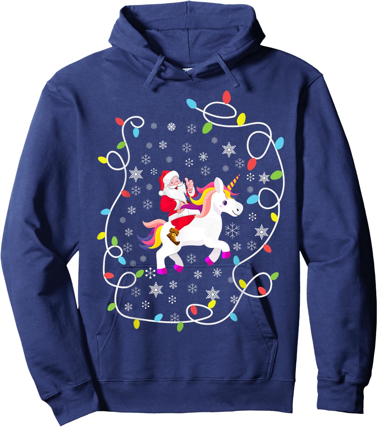 Santa Riding Unicorn Christmas Lights Merry Christmas Tree Hoodie - Hoodie | Navy