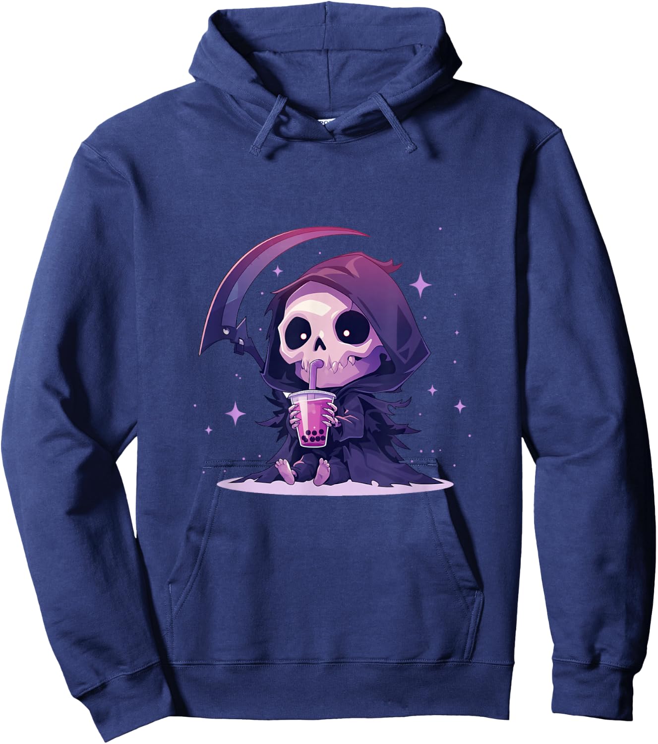 Chibi Grim Reaper Drinking Boba Tea Hoodie - Hoodie | Navy