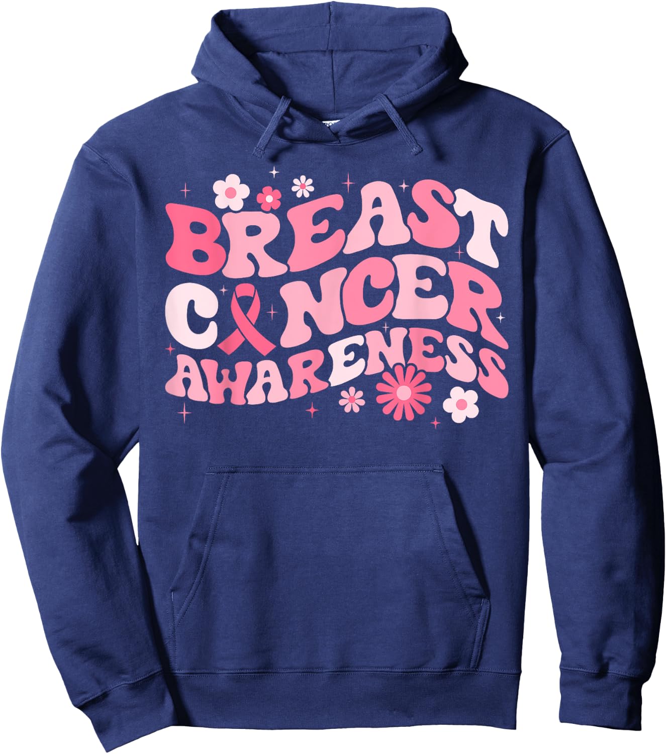 Groovy Breast Cancer Awareness Pink Ribbon Women Warrior Hoodie - Hoodie | Navy