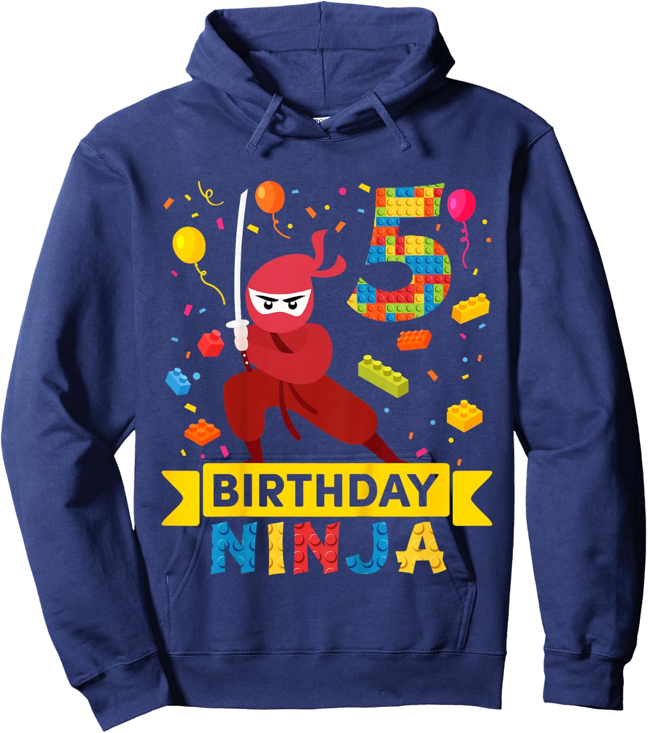 Kids 5 Year Old Building Blocks Ninja 5th Birthday Boy Hoodie - Hoodie | Navy