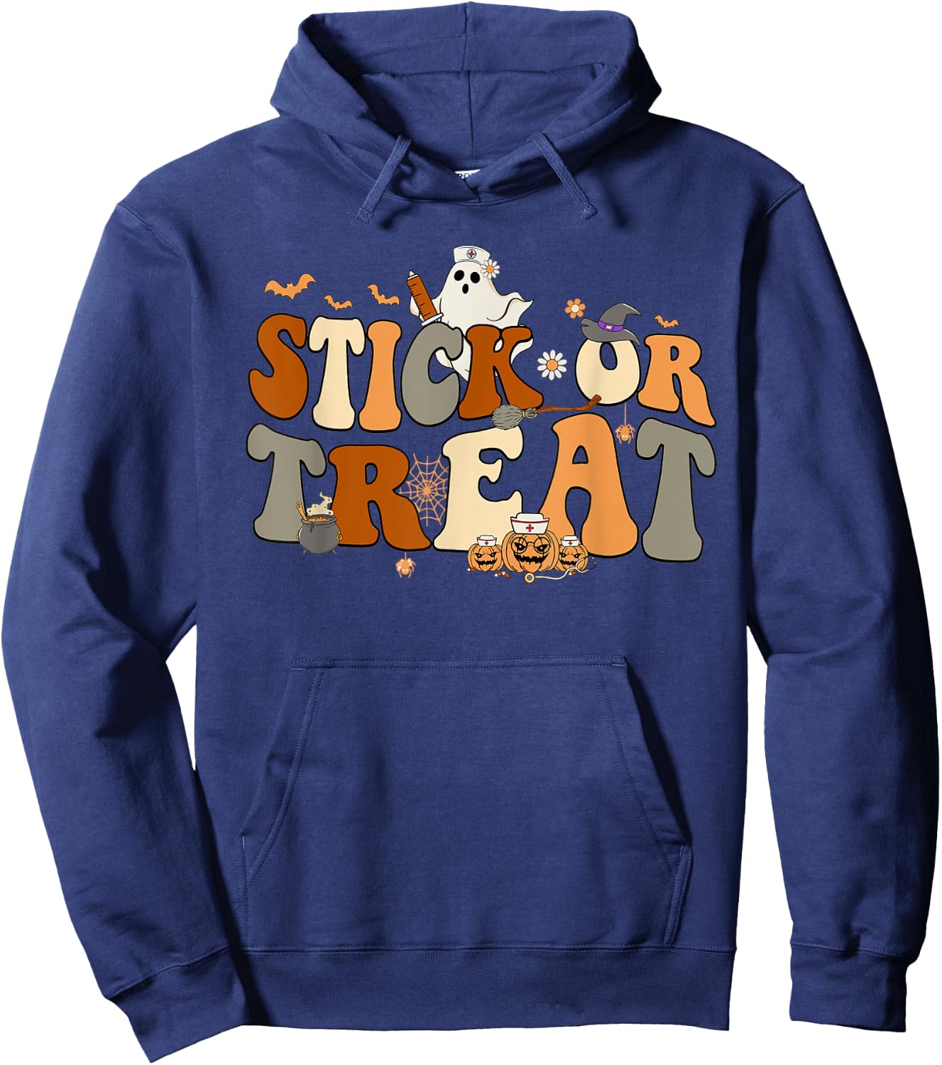 Retro Ghost Stick or Treat Halloween Nurse Spooky Nurse Hoodie - Hoodie | Navy