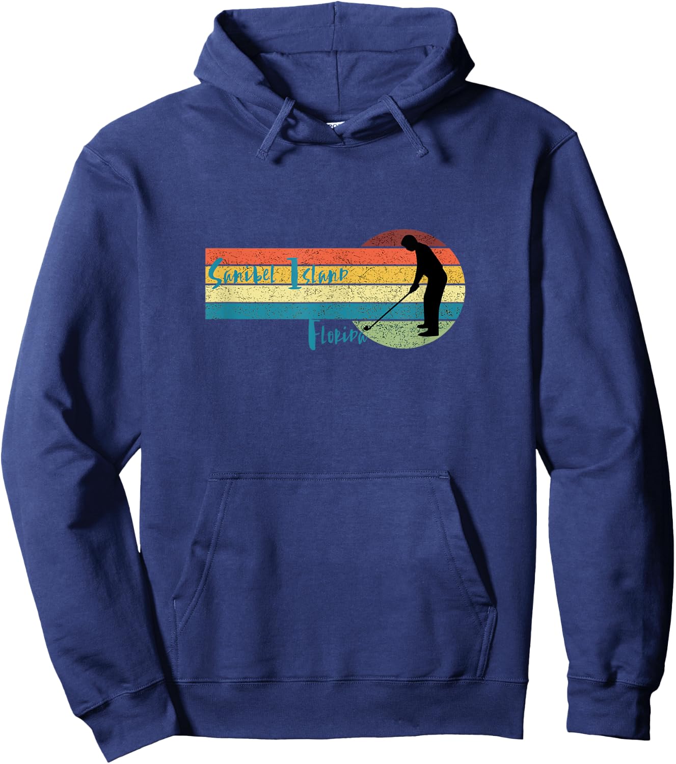 Golf Sanibel Island Fl: Man Golfing in Vintage Sunset Hoodie - Hoodie | Navy