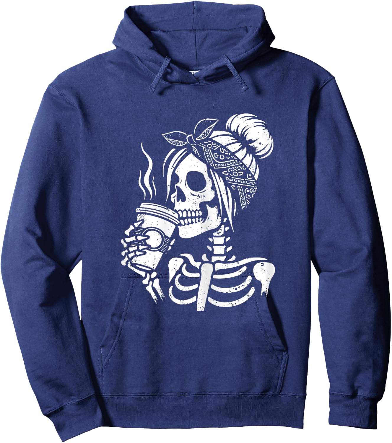 Halloween Skeleton Messy Bun Coffee Funny Costume Mom Women Hoodie - Hoodie | Navy
