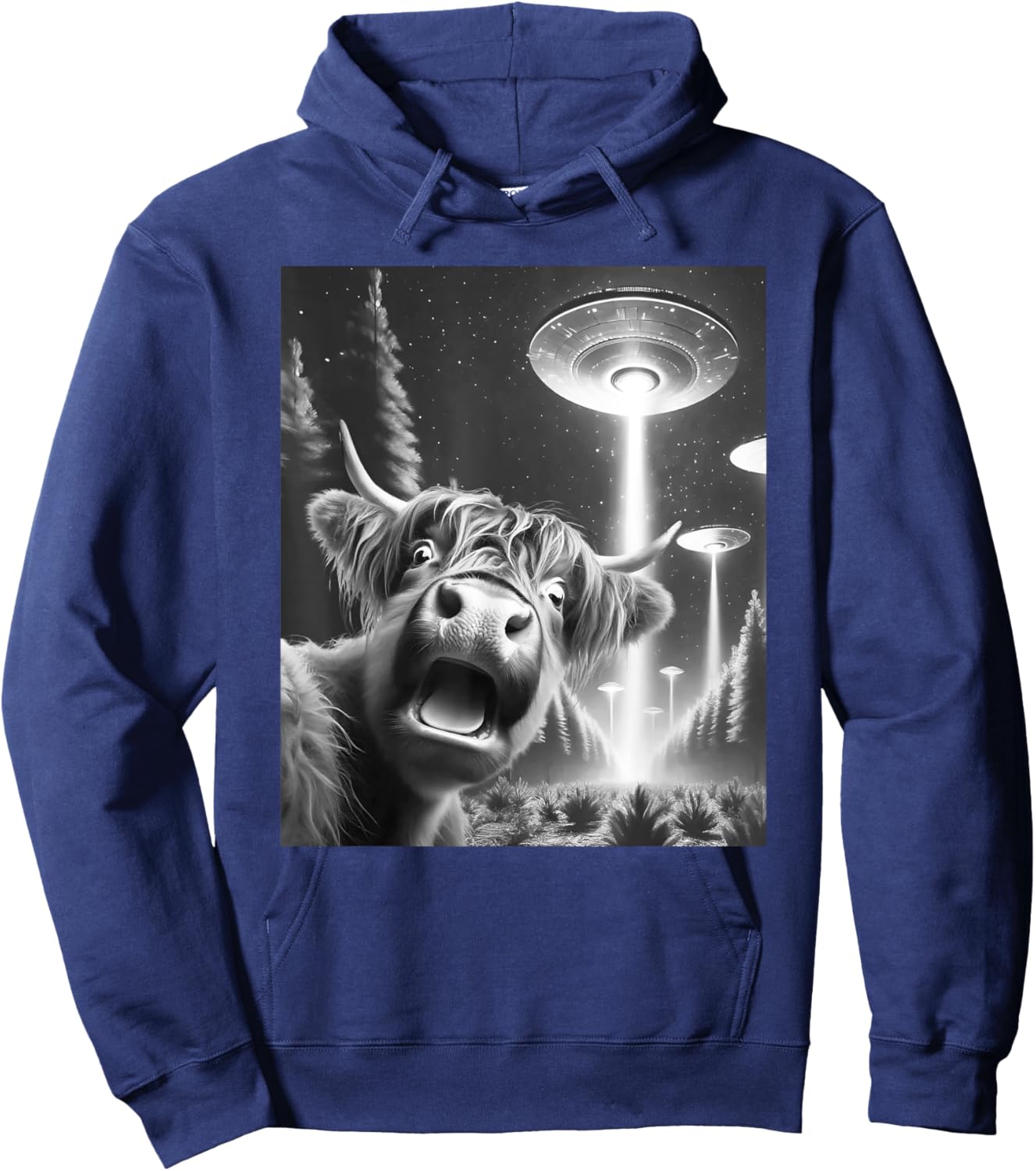 Funny Highland Cow Alien UFO Taking a Selfie Animal Lover Hoodie - Hoodie | Navy