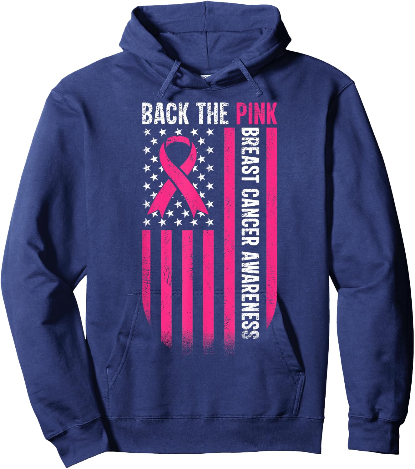Back The Pink American Flag Breast Cancer Awareness Ribbon Hoodie - Hoodie | Navy