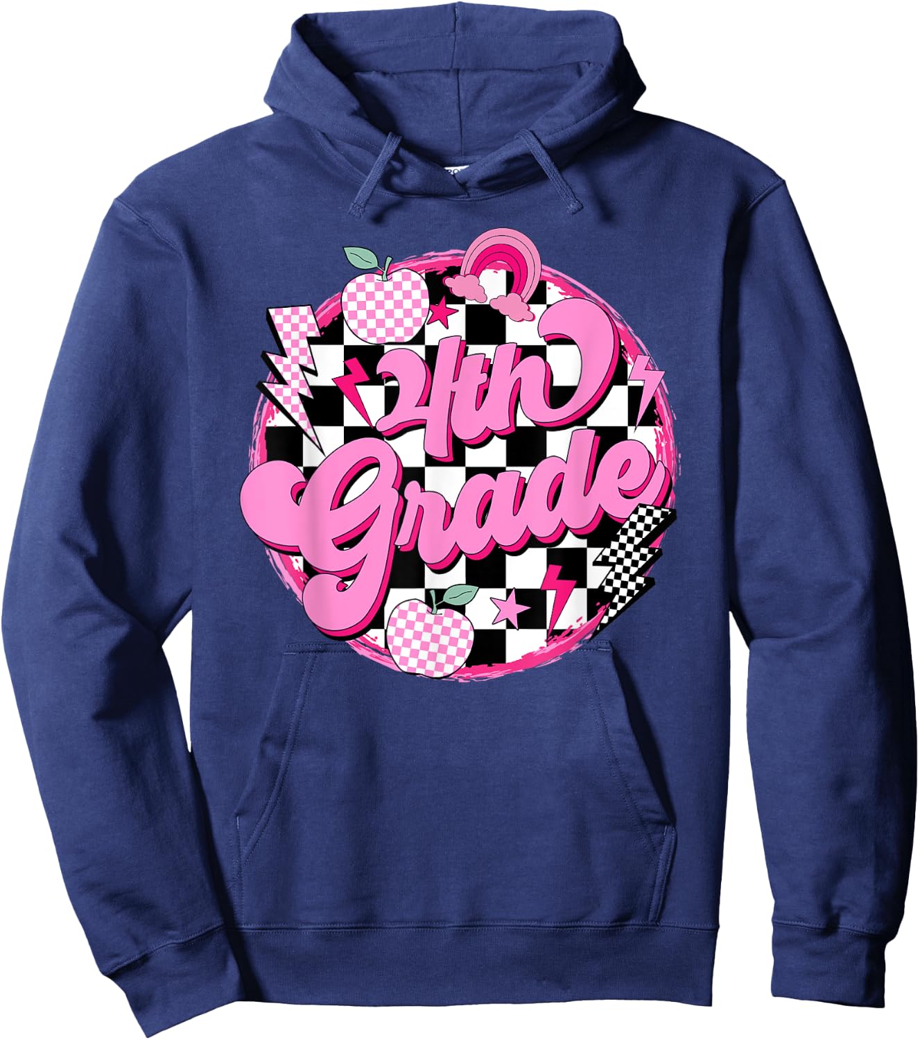 4th Grade Teacher Women Retro Checkered First Day of School Hoodie - Hoodie | Navy